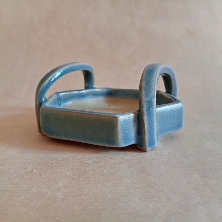 Vaso per kusamono a forma di cestino esagonale smaltato azzurro