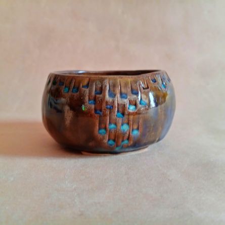 Vaso per kusamono rotondo, bombato con smalto blu-marrone