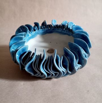 Vaso bonsai rotondo a forma di anemone marino, in gres smaltato blu