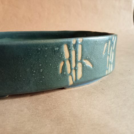 Vaso bonsai ovale basso color ottanio con decorazione bambù