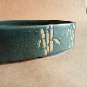 Vaso bonsai ovale basso color ottanio con decorazione bambù